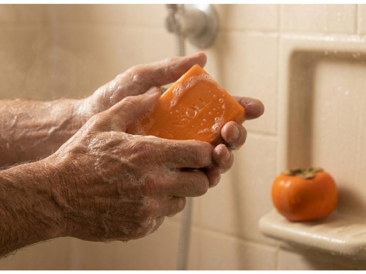 Hands lathering Vensoll persimmon soap in the shower