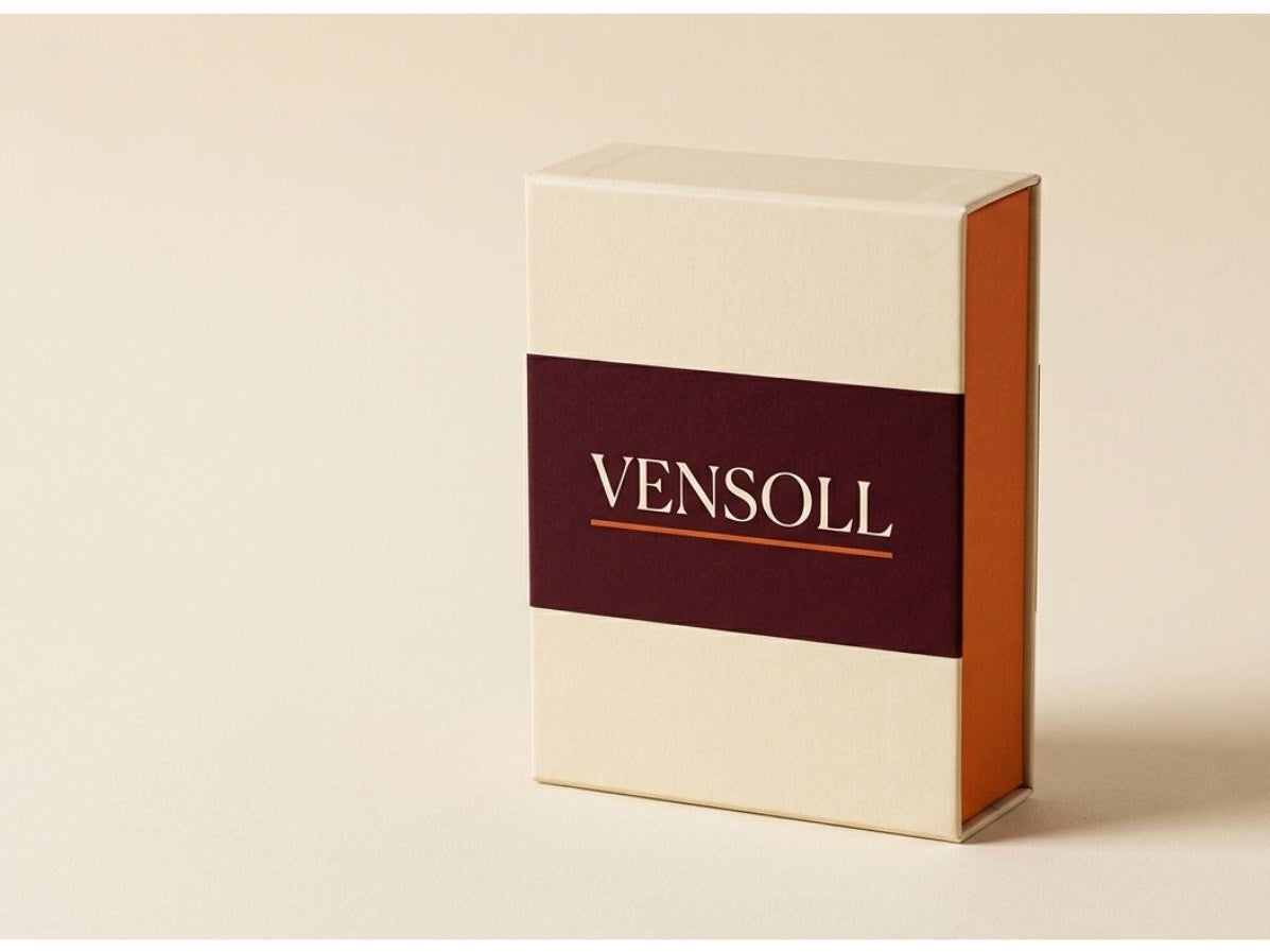 Vensoll retail packaging box in wine and cream